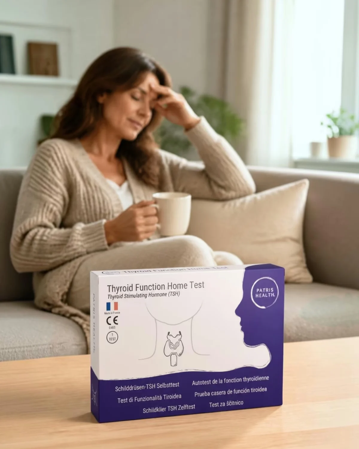 Woman resting on a sofa with the Patris Health Thyroid Function Home Test on the table
